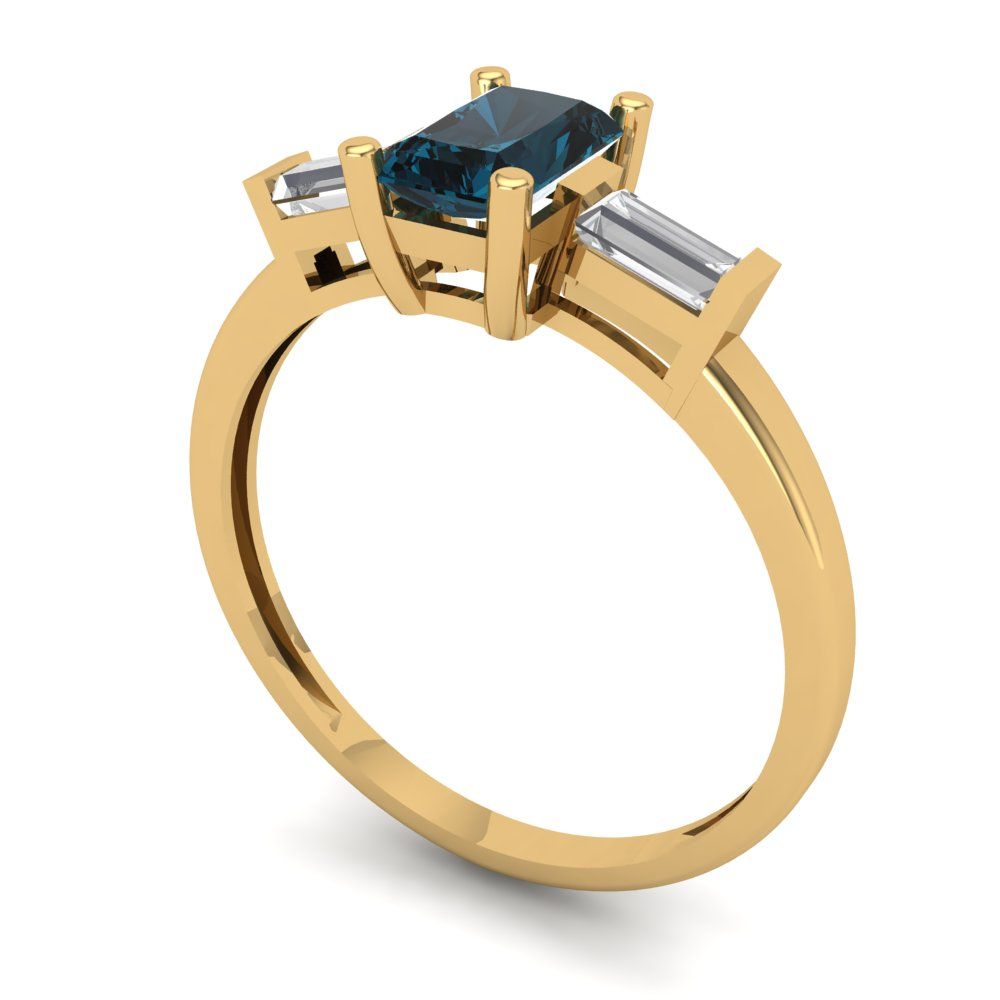 0.8 cttw Natural London Blue Topaz Three-Stone Engagement Ring - Solid Gold (Emerald Cut,6x4mm)