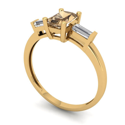 0.8 cttw Zirconia Simulated Champagne Diamond Three-Stone Engagement Ring - Solid Gold (VVS1, Emerald Cut,6x4mm)