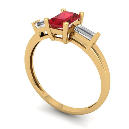 0.8 cttw Simulated Pink Tourmaline Three-Stone Engagement Ring - Solid Gold (Emerald Cut,6x4mm)