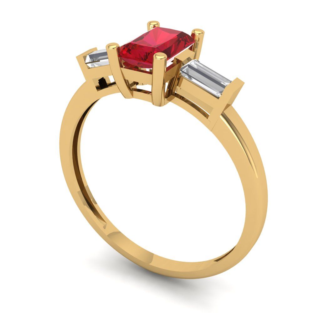 0.8 cttw Simulated Ruby Three-Stone Engagement Ring - Solid Yellow Gold (VVS1, Emerald Cut,6x4mm)