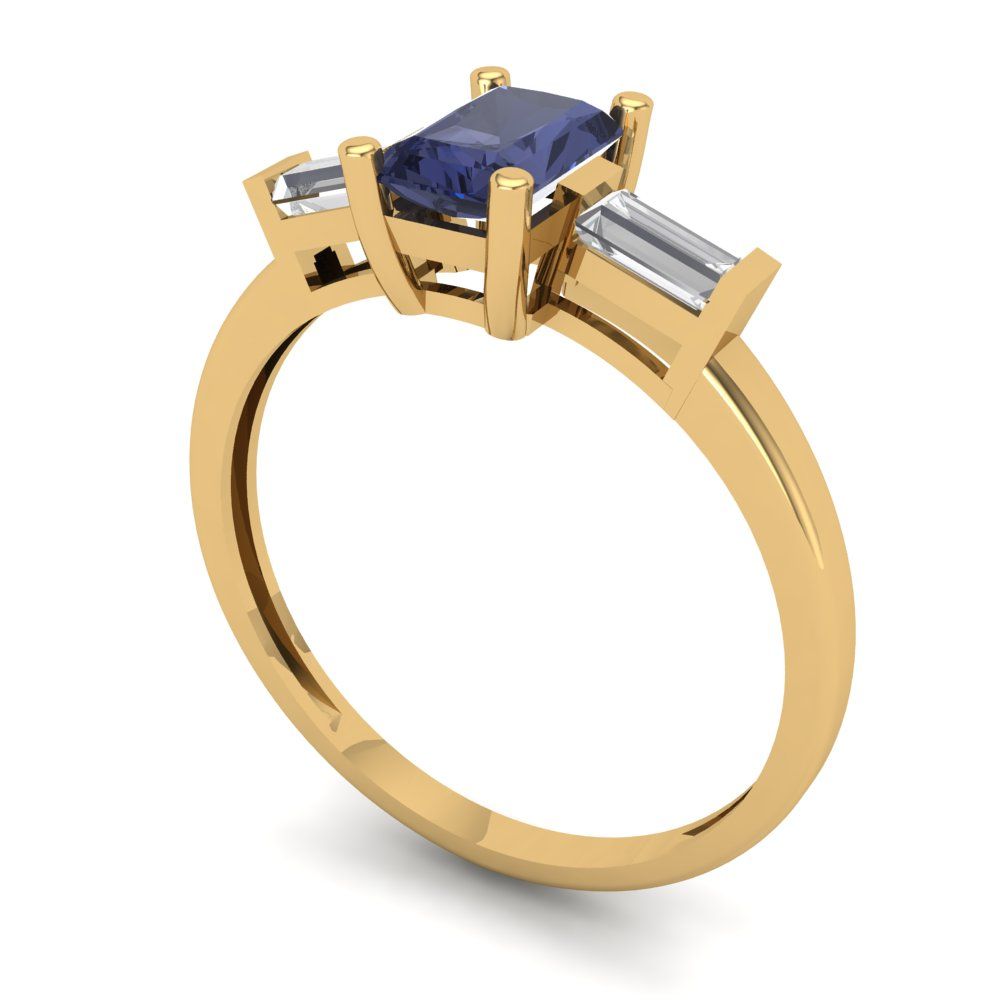 0.8 cttw Simulated Blue Sapphire Three-Stone Engagement Ring - Solid Gold (Emerald Cut,6x4mm)