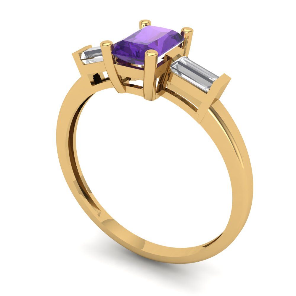 0.8 cttw Natural Amethyst Three-Stone Engagement Ring - Solid Gold (Emerald Cut,6x4mm)