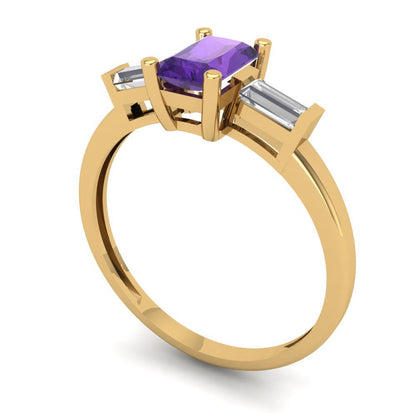 0.8 cttw Natural Amethyst Three-Stone Engagement Ring - Solid Gold (Emerald Cut,6x4mm)