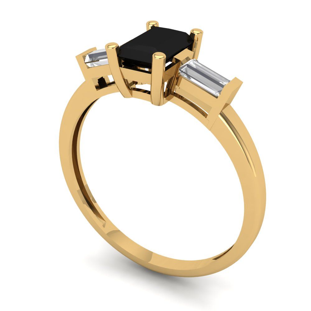 0.8 cttw Natural Onyx Three-Stone Engagement Ring - Solid Yellow Gold (VVS1, Emerald Cut,6x4mm)