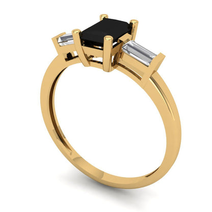0.8 cttw Natural Onyx Three-Stone Engagement Ring - Solid Yellow Gold (VVS1, Emerald Cut,6x4mm)