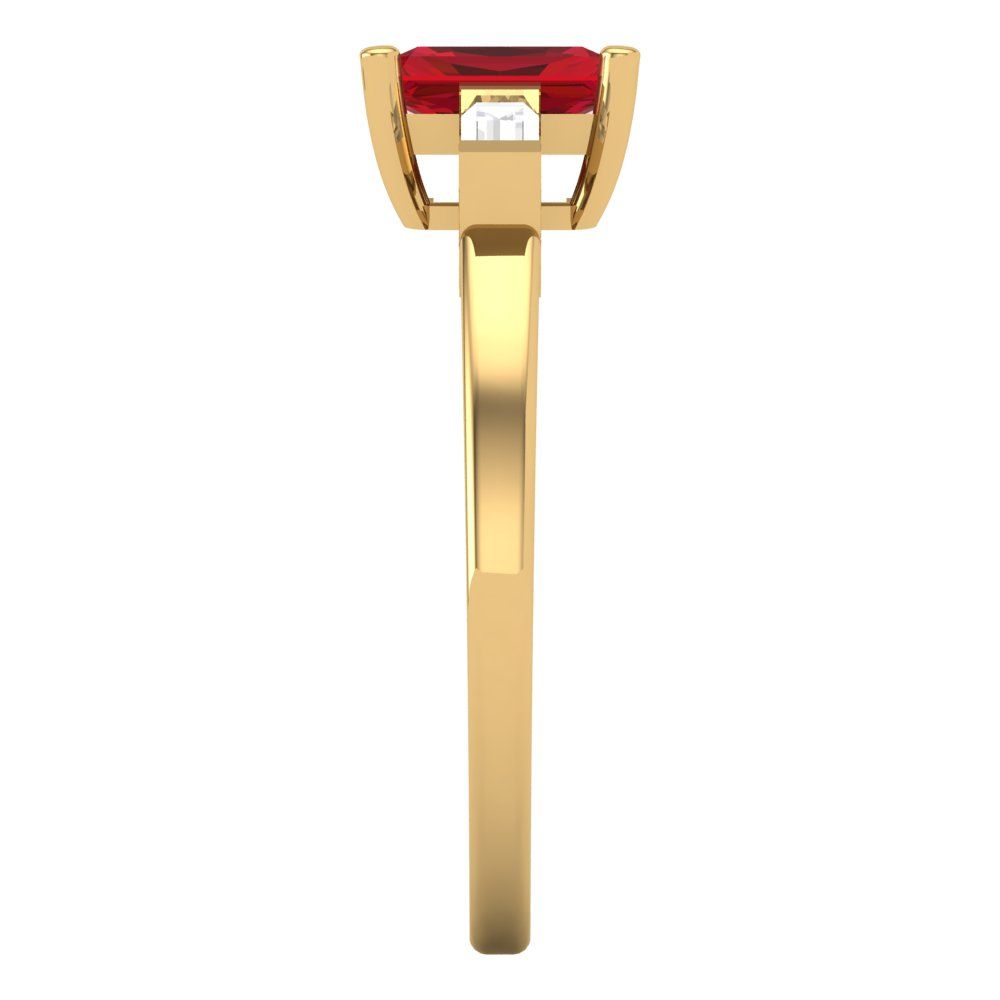 0.8 cttw Simulated Ruby Three-Stone Engagement Ring - Solid Yellow Gold (VVS1, Emerald Cut,6x4mm)