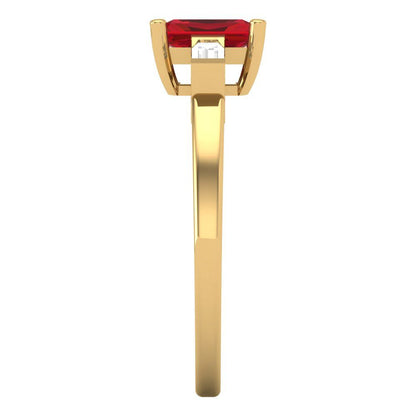 0.8 cttw Simulated Ruby Three-Stone Engagement Ring - Solid Yellow Gold (VVS1, Emerald Cut,6x4mm)