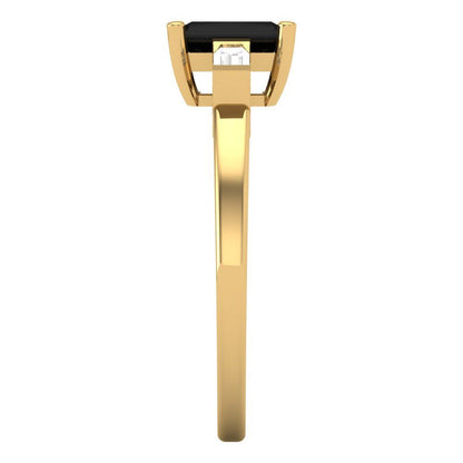 0.8 cttw Natural Onyx Three-Stone Engagement Ring - Solid Yellow Gold (VVS1, Emerald Cut,6x4mm)