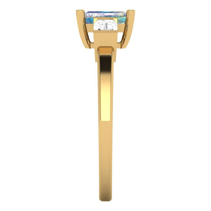 0.8 cttw Blue Moissanite Three-Stone Engagement Ring - Solid Gold (Emerald Cut,6x4mm)