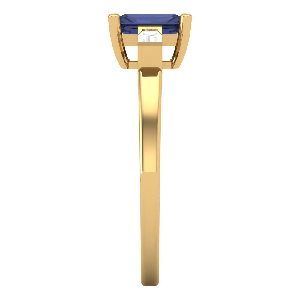 0.8 cttw Simulated Blue Sapphire Three-Stone Engagement Ring - Solid Gold (Emerald Cut,6x4mm)