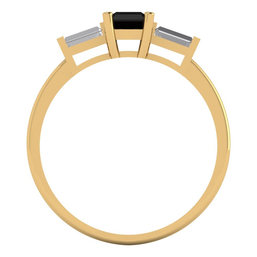 0.8 cttw Natural Onyx Three-Stone Engagement Ring - Solid Yellow Gold (VVS1, Emerald Cut,6x4mm)