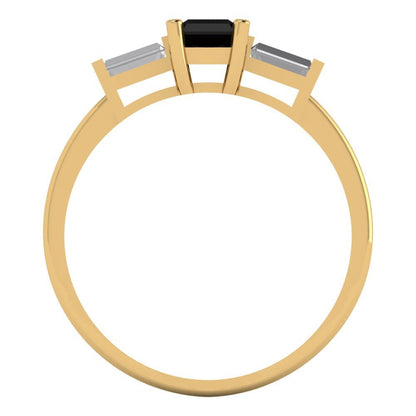 0.8 cttw Natural Onyx Three-Stone Engagement Ring - Solid Yellow Gold (VVS1, Emerald Cut,6x4mm)