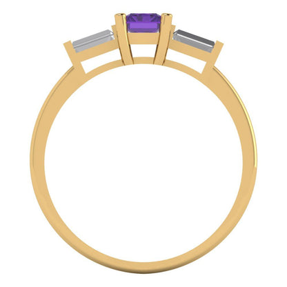 0.8 cttw Natural Amethyst Three-Stone Engagement Ring - Solid Gold (Emerald Cut,6x4mm)