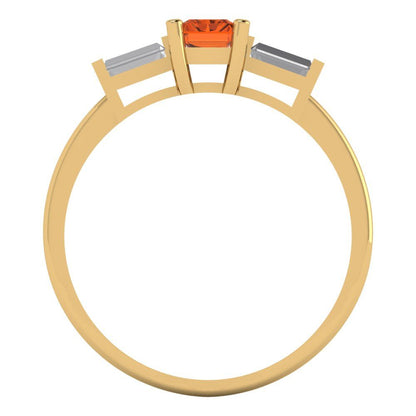 0.8 cttw Simulated Ruby Three-Stone Engagement Ring - Solid Yellow Gold (VVS1, Emerald Cut,6x4mm)