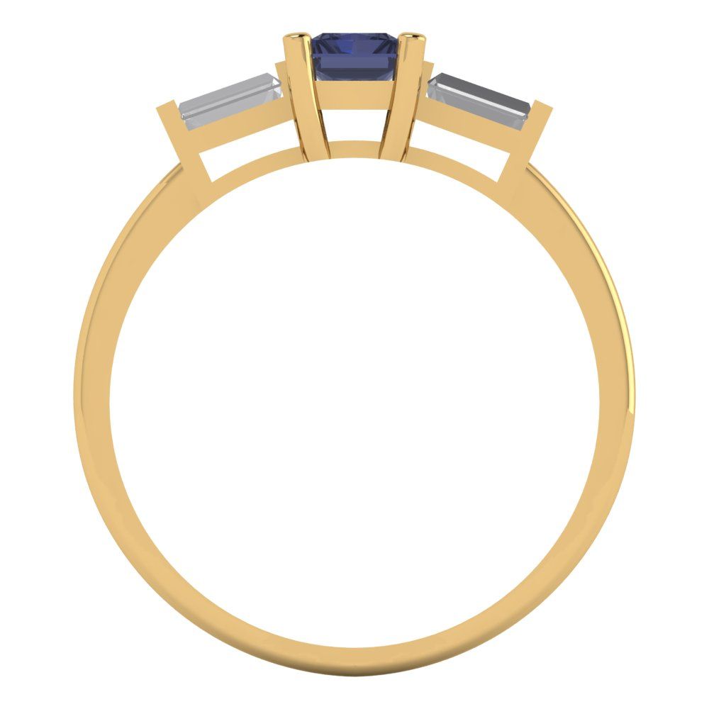 0.8 cttw Simulated Blue Sapphire Three-Stone Engagement Ring - Solid Gold (Emerald Cut,6x4mm)
