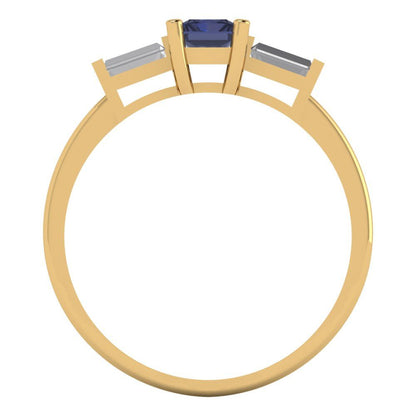 0.8 cttw Simulated Blue Sapphire Three-Stone Engagement Ring - Solid Gold (Emerald Cut,6x4mm)