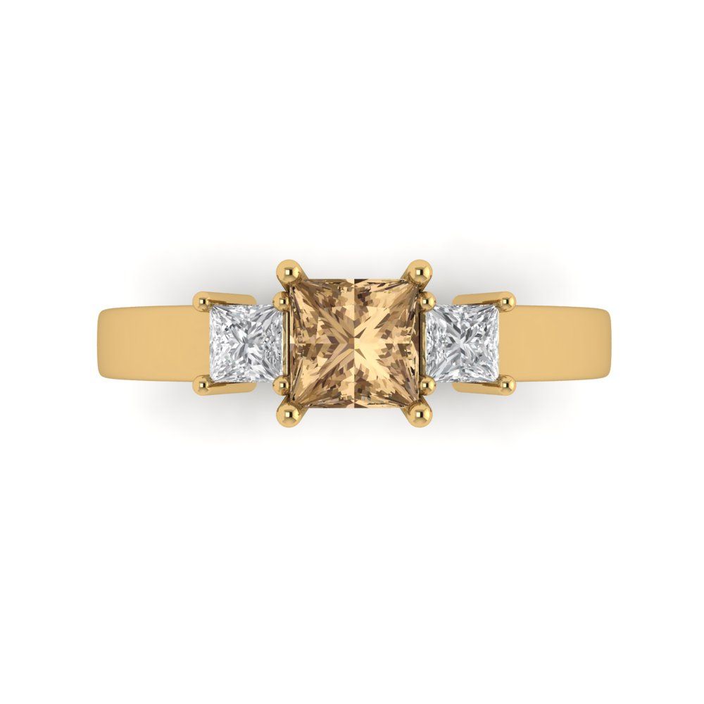 1.11 cttw Zirconia Simulated Champagne Diamond Three-Stone Engagement Ring - Solid Yellow Gold (VVS1, Princess Cut,5.0mm)