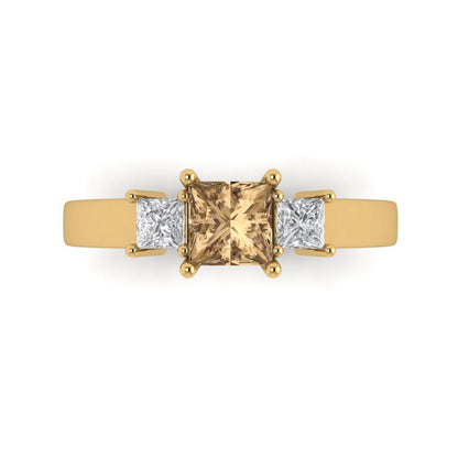 1.11 cttw Zirconia Simulated Champagne Diamond Three-Stone Engagement Ring - Solid Yellow Gold (VVS1, Princess Cut,5.0mm)