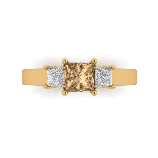 1.11 cttw Zirconia Simulated Champagne Diamond Three-Stone Engagement Ring - Solid Yellow Gold (VVS1, Princess Cut,5.0mm)