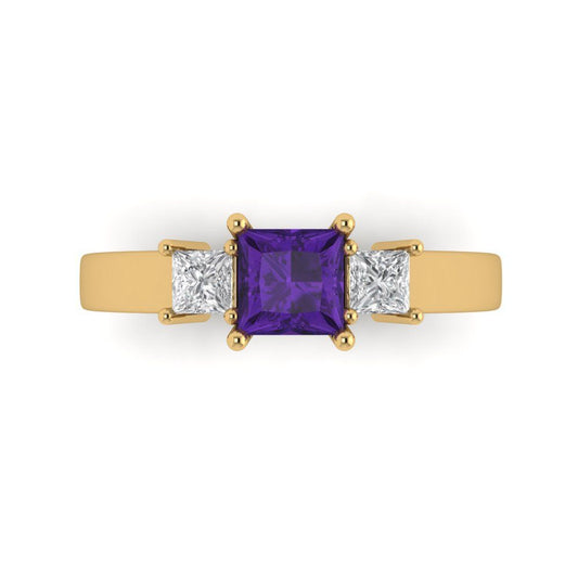 1.11 cttw Natural Amethyst Three-Stone Engagement Ring - Solid Yellow Gold (VVS1, Princess Cut,5.0mm)