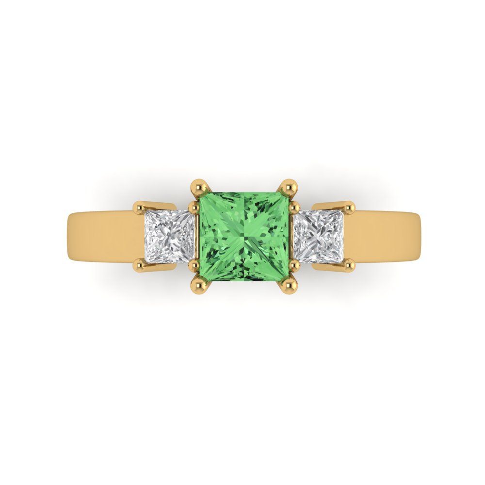 1.11 cttw Zirconia Simulated Green Diamond Three-Stone Engagement Ring - Solid Yellow Gold (VVS1, Princess Cut,5.0mm)