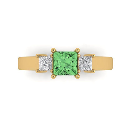 1.11 cttw Zirconia Simulated Green Diamond Three-Stone Engagement Ring - Solid Yellow Gold (VVS1, Princess Cut,5.0mm)