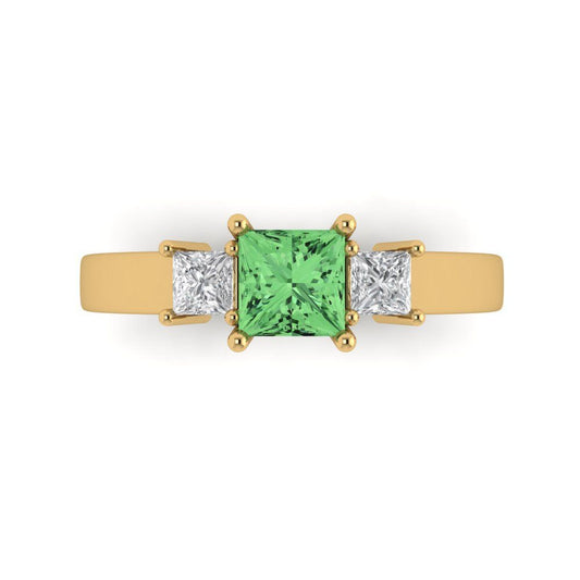 1.11 cttw Zirconia Simulated Green Diamond Three-Stone Engagement Ring - Solid Yellow Gold (VVS1, Princess Cut,5.0mm)