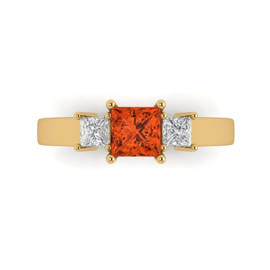 1.11 cttw Zirconia Simulated Red Diamond Three-Stone Engagement Ring - Solid Yellow Gold (VVS1, Princess Cut,5.0mm)
