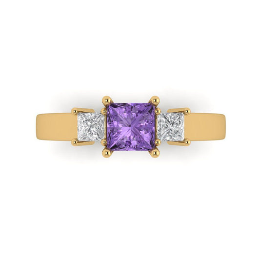 1.11 cttw Simulated Alexandrite Three-Stone Engagement Ring - Solid Yellow Gold (VVS1, Princess Cut,5.0mm)