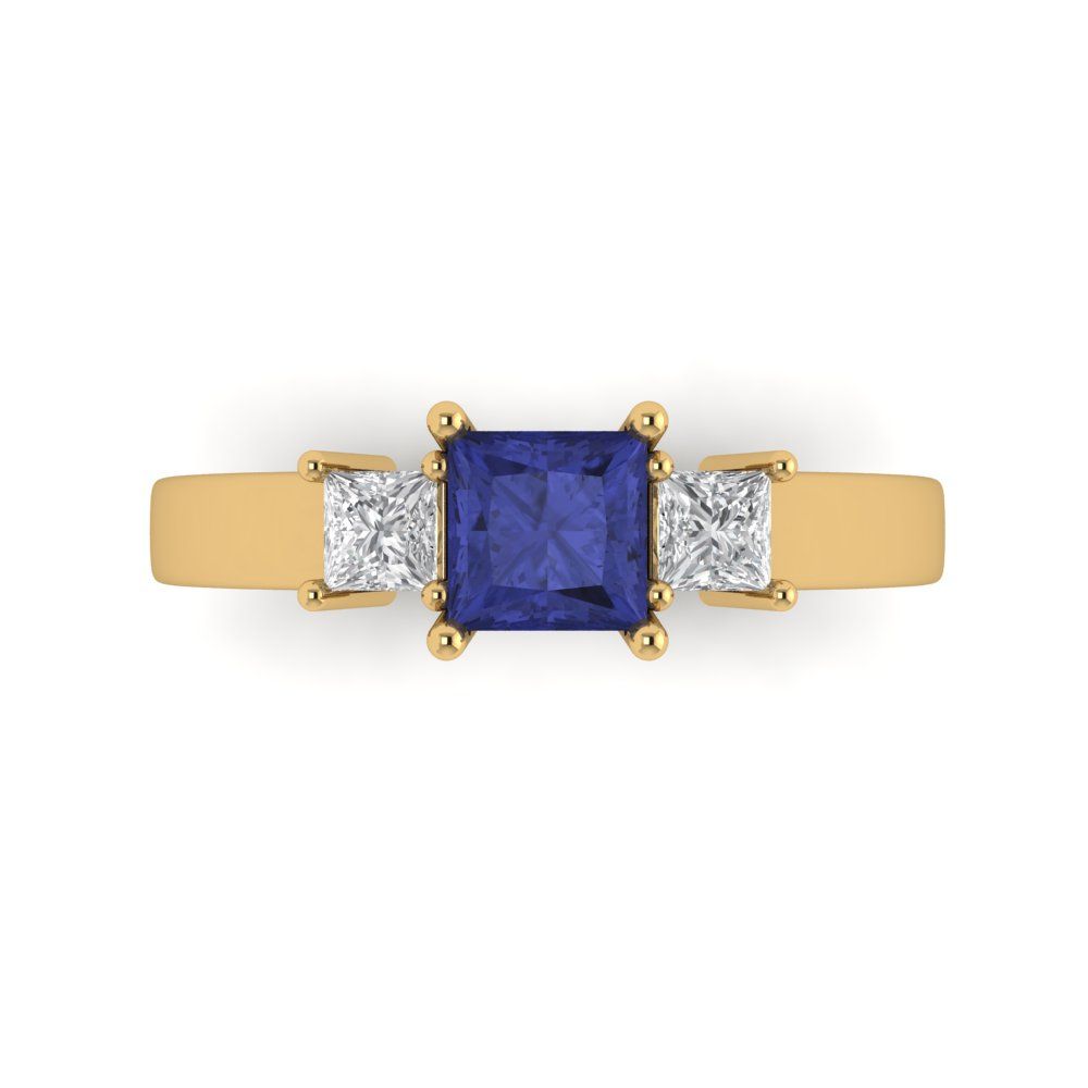 1.11 cttw Simulated Tanzanite Three-Stone Engagement Ring - Solid Yellow Gold (VVS1, Princess Cut,5.0mm)