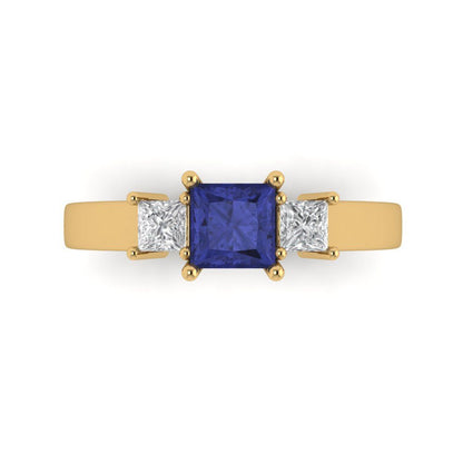 1.11 cttw Simulated Tanzanite Three-Stone Engagement Ring - Solid Yellow Gold (VVS1, Princess Cut,5.0mm)