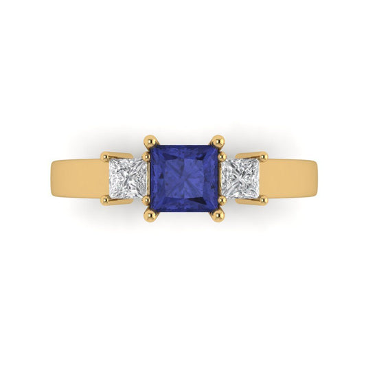 1.11 cttw Simulated Tanzanite Three-Stone Engagement Ring - Solid Yellow Gold (VVS1, Princess Cut,5.0mm)
