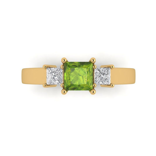 1.11 cttw Natural Peridot Three-Stone Engagement Ring - Solid Yellow Gold (VVS1, Princess Cut,5.0mm)