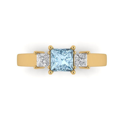 1.11 cttw Natural Aquamarine Three-Stone Engagement Ring - Solid Yellow Gold (VVS1, Princess Cut,5.0mm)