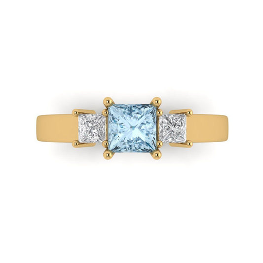 1.11 cttw Natural Aquamarine Three-Stone Engagement Ring - Solid Yellow Gold (VVS1, Princess Cut,5.0mm)