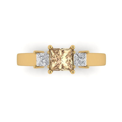 1.11 cttw Yellow Moissanite Three-Stone Engagement Ring - Solid Yellow Gold (VVS1, Princess Cut,5.0mm)