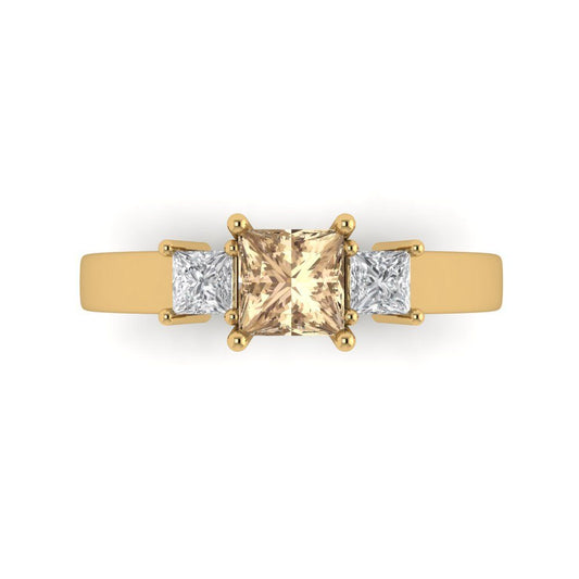 1.11 cttw Yellow Moissanite Three-Stone Engagement Ring - Solid Yellow Gold (VVS1, Princess Cut,5.0mm)