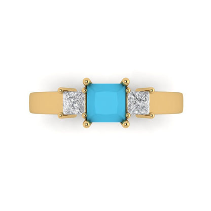 1.11 cttw Simulated Turquoise Three-Stone Engagement Ring - Solid Gold (Princess Cut,5.0mm)