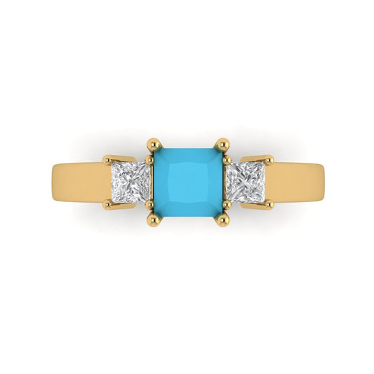 1.11 cttw Simulated Turquoise Three-Stone Engagement Ring - Solid Yellow Gold (VVS1, Princess Cut,5.0mm)