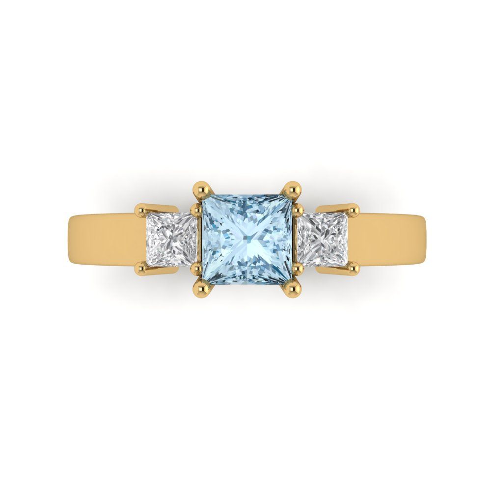 1.11 cttw Zirconia Simulated Blue Diamond Three-Stone Engagement Ring - Solid Yellow Gold (VVS1, Princess Cut,5.0mm)