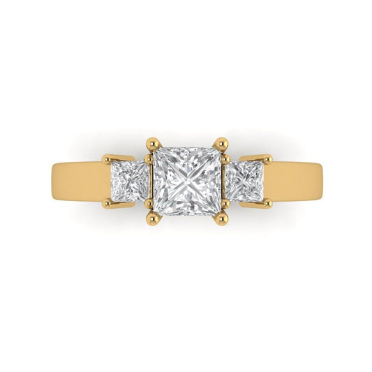 1.11 cttw Moissanite Three-Stone Engagement Ring - Solid Yellow Gold (VVS1, Princess Cut,5.0mm)