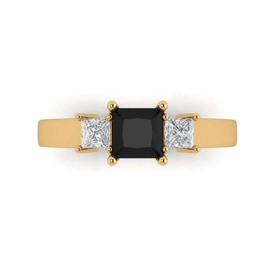 1.11 cttw Natural Onyx Three-Stone Engagement Ring - Solid Yellow Gold (VVS1, Princess Cut,5.0mm)