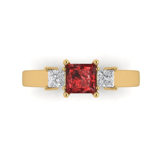 1.11 cttw Natural Garnet Three-Stone Engagement Ring - Solid Yellow Gold (VVS1, Princess Cut,5.0mm)
