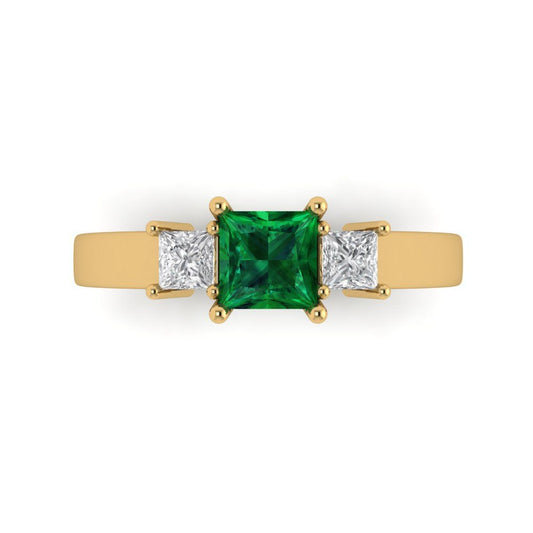1.11 cttw Simulated Emerald Three-Stone Engagement Ring - Solid Yellow Gold (VVS1, Princess Cut,5.0mm)