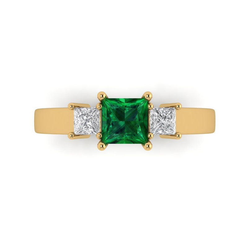 1.11 ct Brilliant Princess Cut Simulated Emerald Stone Yellow Gold Three-Stone Ring