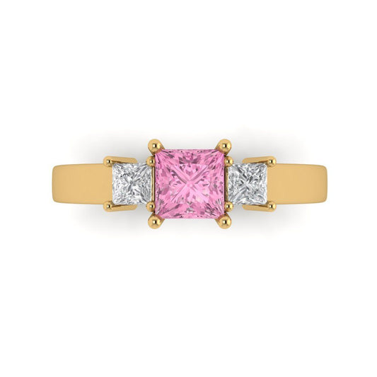 1.11 cttw Zirconia Simulated Pink Diamond Three-Stone Engagement Ring - Solid Yellow Gold (VVS1, Princess Cut,5.0mm)