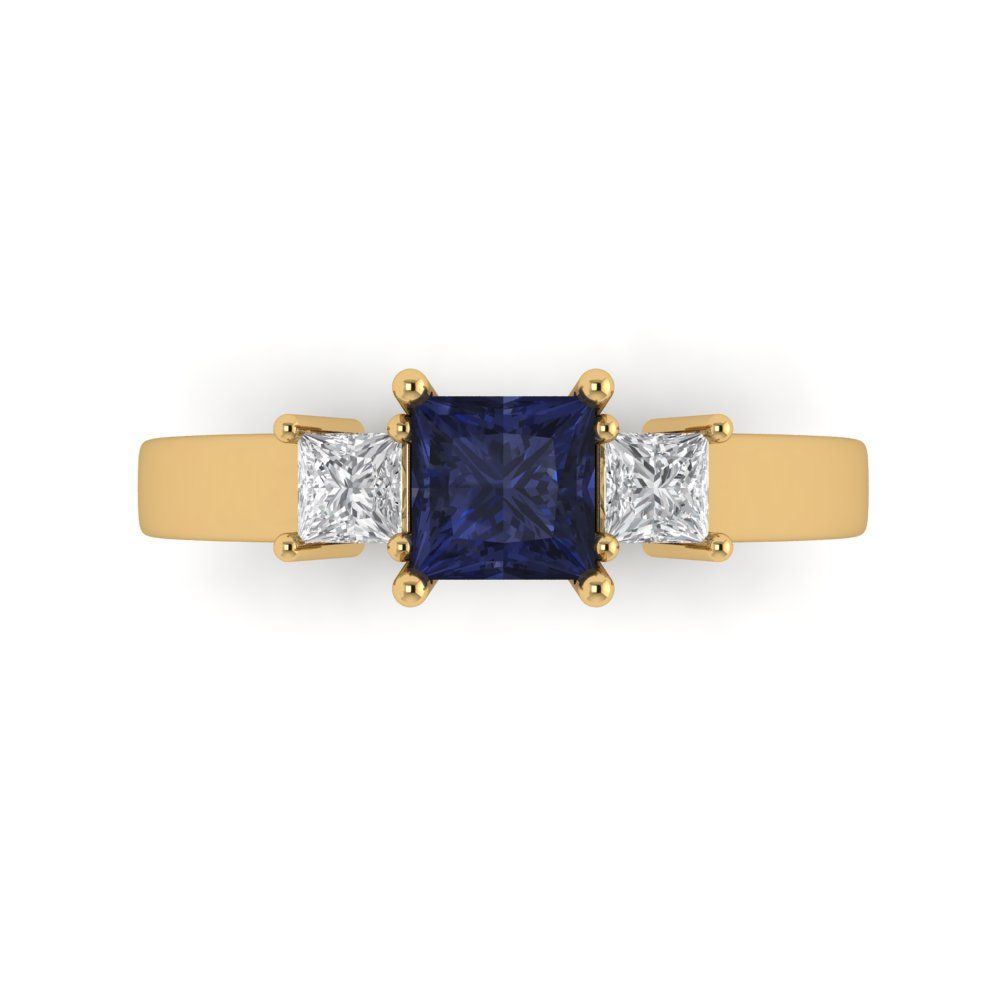 1.11 cttw Simulated Blue Sapphire Three-Stone Engagement Ring - Solid Gold (Princess Cut,5.0mm)