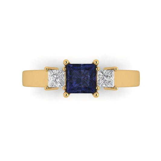 1.11 cttw Simulated Blue Sapphire Three-Stone Engagement Ring - Solid Yellow Gold (VVS1, Princess Cut,5.0mm)