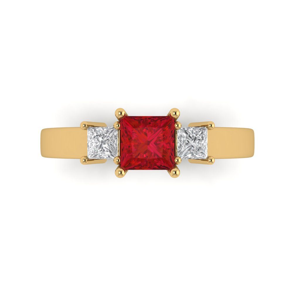 1.11 cttw Simulated Ruby Three-Stone Engagement Ring - Solid Yellow Gold (VVS1, Princess Cut,5.0mm)