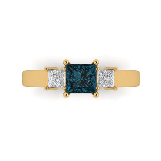 1.11 cttw Natural London Blue Topaz Three-Stone Engagement Ring - Solid Yellow Gold (VVS1, Princess Cut,5.0mm)